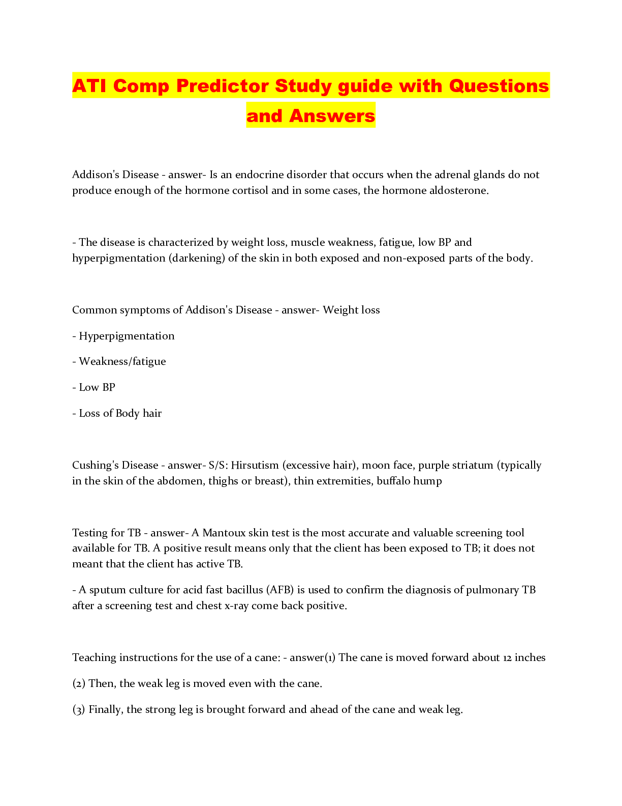 Preview of ATI Comp Predictor Study guide with Questions and Answers